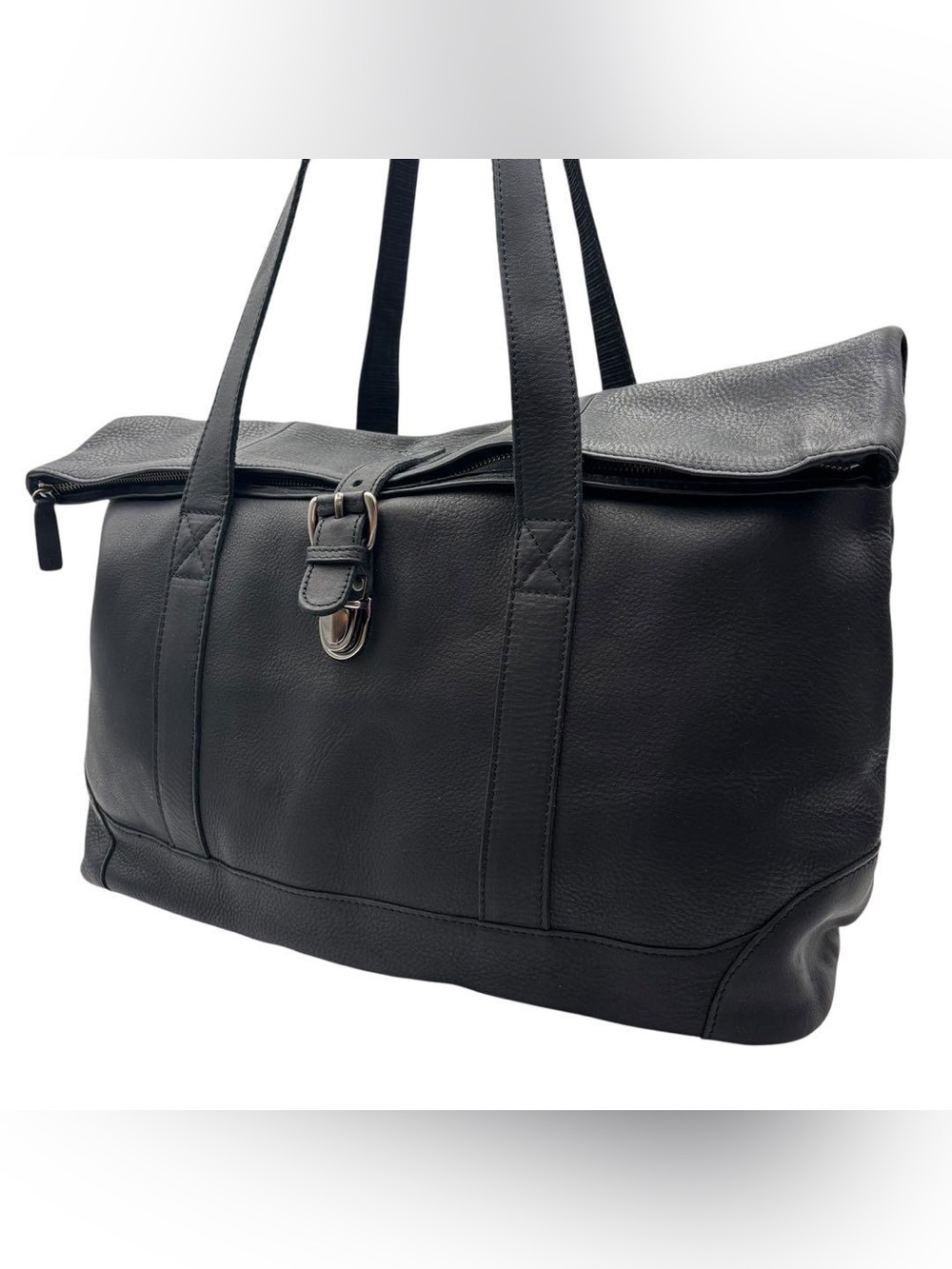 Vintage LL Bean Black Pebble Leather Folding Tote Bag